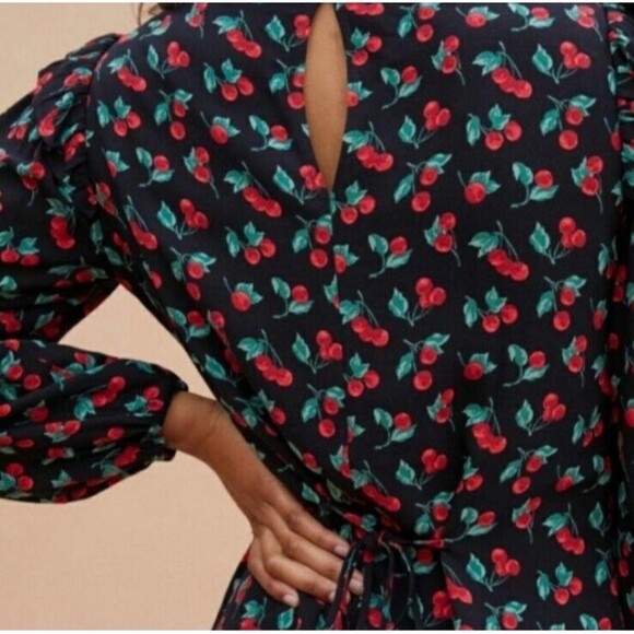 Reformation Bedford Mini Short Dress sz Small Cherry Fruits Ruffles Black Red - Picture 2 of 13